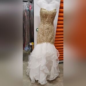 Sherri Hill #52560 Gold and White Strapless Ruffle Prom Gown, Size 10